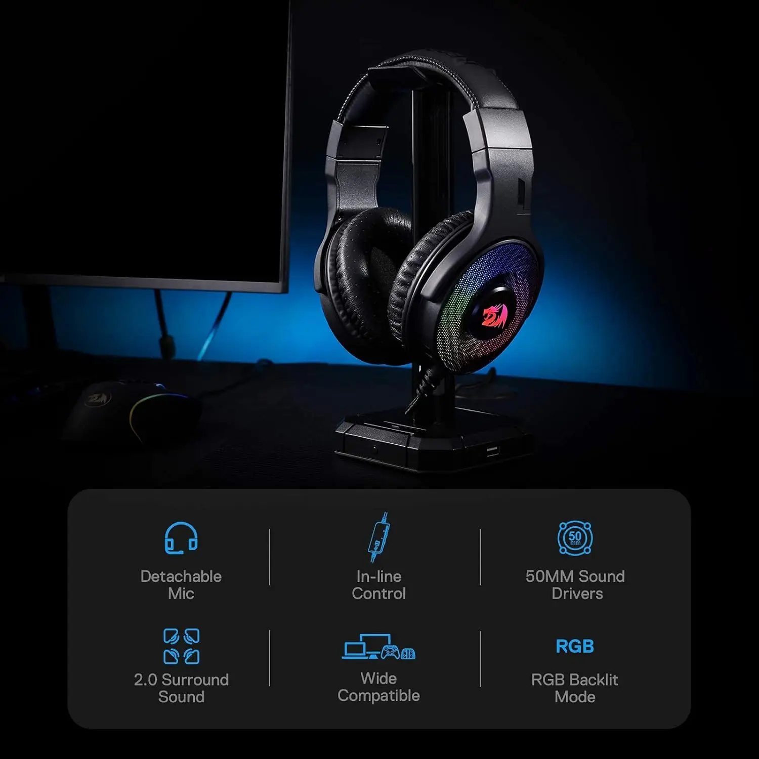 Redragon H350 RGB Wired Dynamic RGB Backlight Dynamic RGB Backlight Gaming Headset 50MM Drivers Over-Ear Headphones photo 2