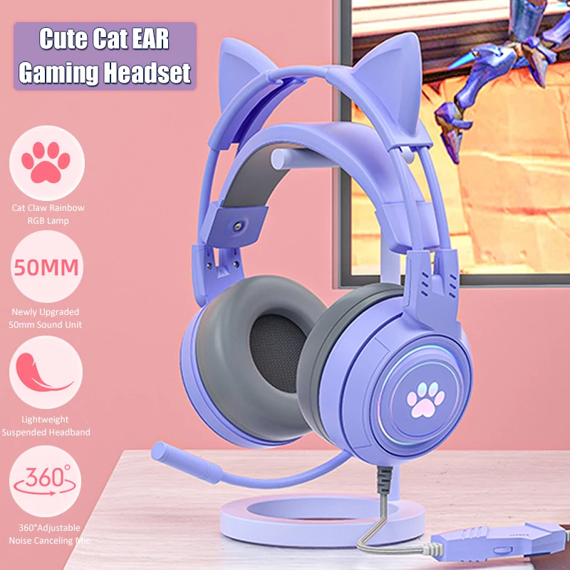 Cute Cat Ear Gaming Headphones with Mic Noise Reduced RGB Pink Girls Headset Gamer Accessories for PS4 Xbox Phone PC Kid Gift photo 1