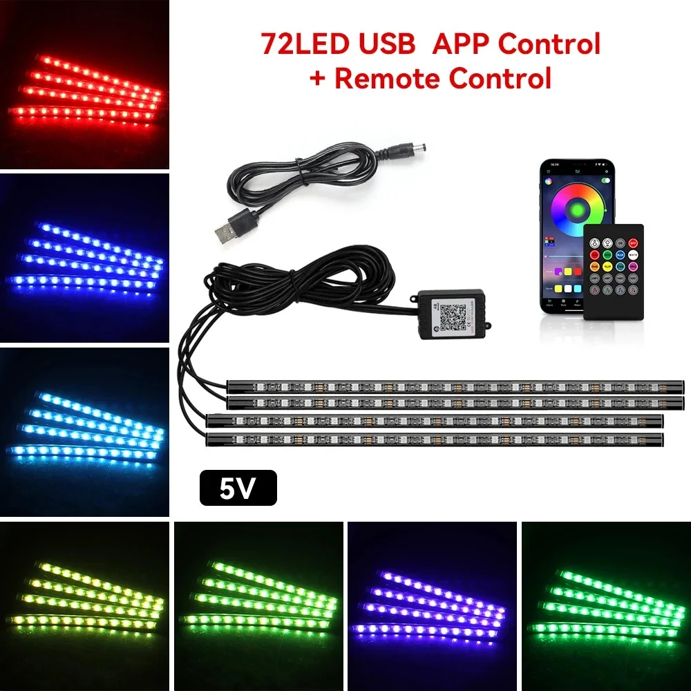 72 48 36 LED Neon Led Car Lights Strip RGB Foot Ambient Light with USB Cigarette Automotive Interior Strip Lights Decoration photo 6