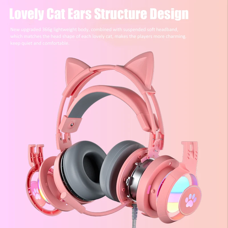 Cute Cat Ear Gaming Headphones with Mic Noise Reduced RGB Pink Girls Headset Gamer Accessories for PS4 Xbox Phone PC Kid Gift photo 3