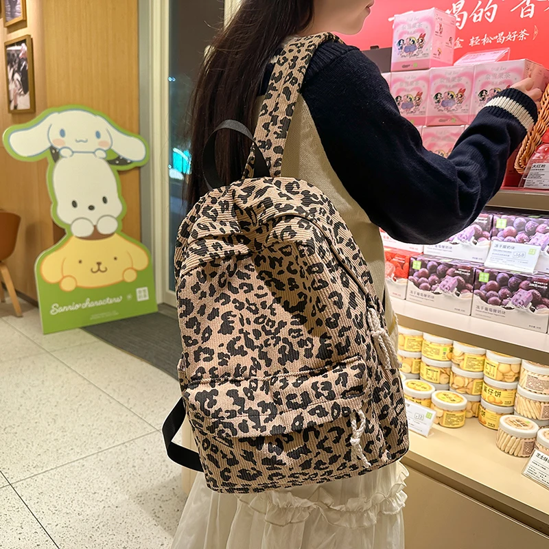 Leopard Print Pattern Backpack Corduroy Teenagers School Bag Large Capacity Casual Laptop Backpack Travel Bookbag Backpack photo 2