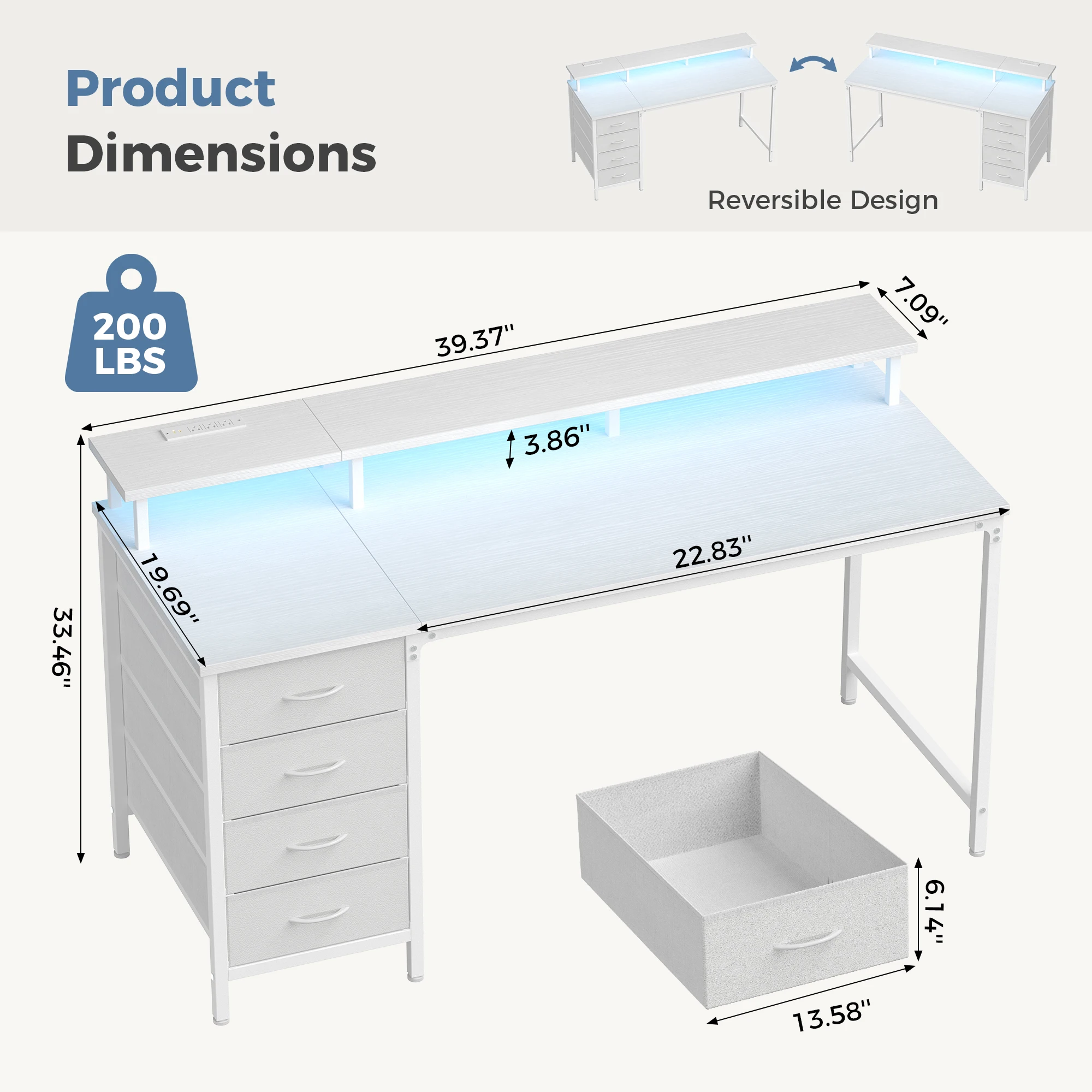 JHK 40In to 47In Gaming Computer Desk with 4 Storage Drawers Wood Office Desks with Power Outlets and LED Lights for Home Office photo 6