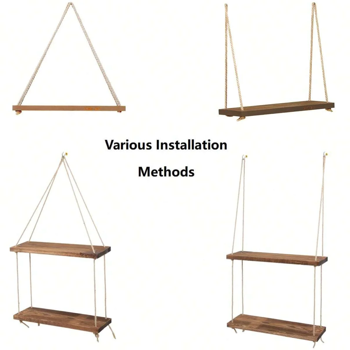 1PC Wooden Swing Hanging Hemp Rope Wall Shelve Mounted Floating Home Living Room Plant Flower Pot Tray Storage Garden Decoration photo 6