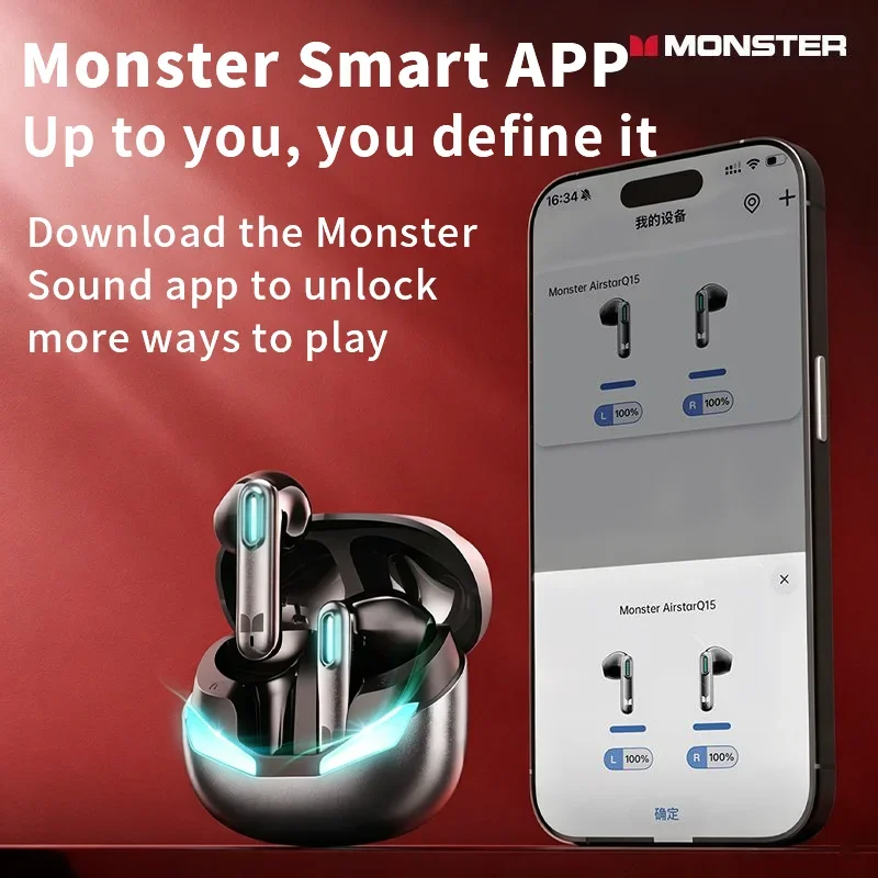 MONSTER Q15 gaming headset low latency Half-enclosure wireless earphone long battery life surround sound effect Breathing light photo 2