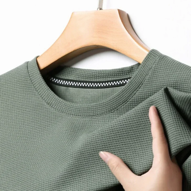 New Summer Waffle Round Neck Short Sleeved T-shirt for Men's Short Sleeved Top photo 1