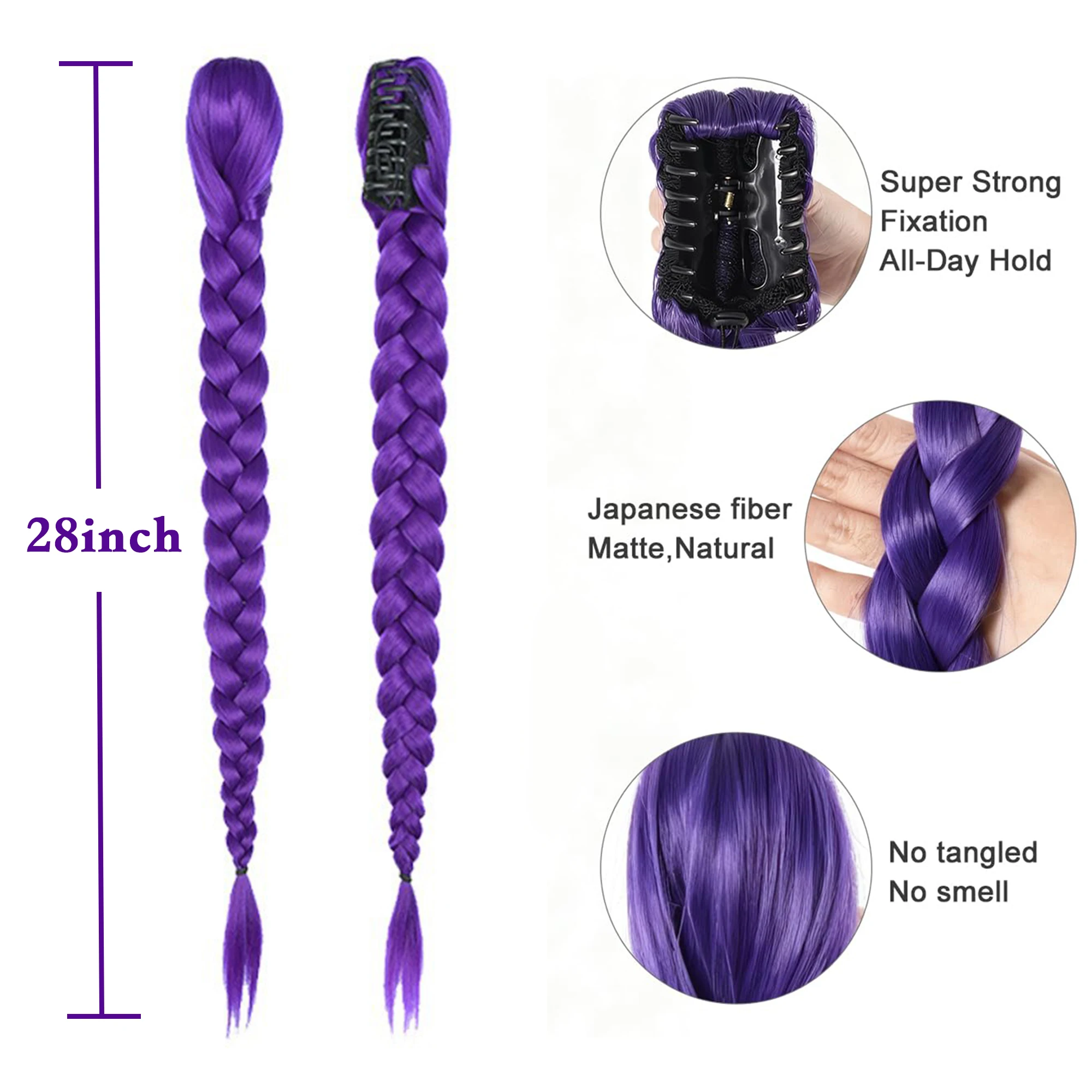 Purple 26inch Braid Clip in Ponytail Hair Extension Long Ponytail Hairpieces Cosplay for Kids Girl Halloween Christmas photo 5
