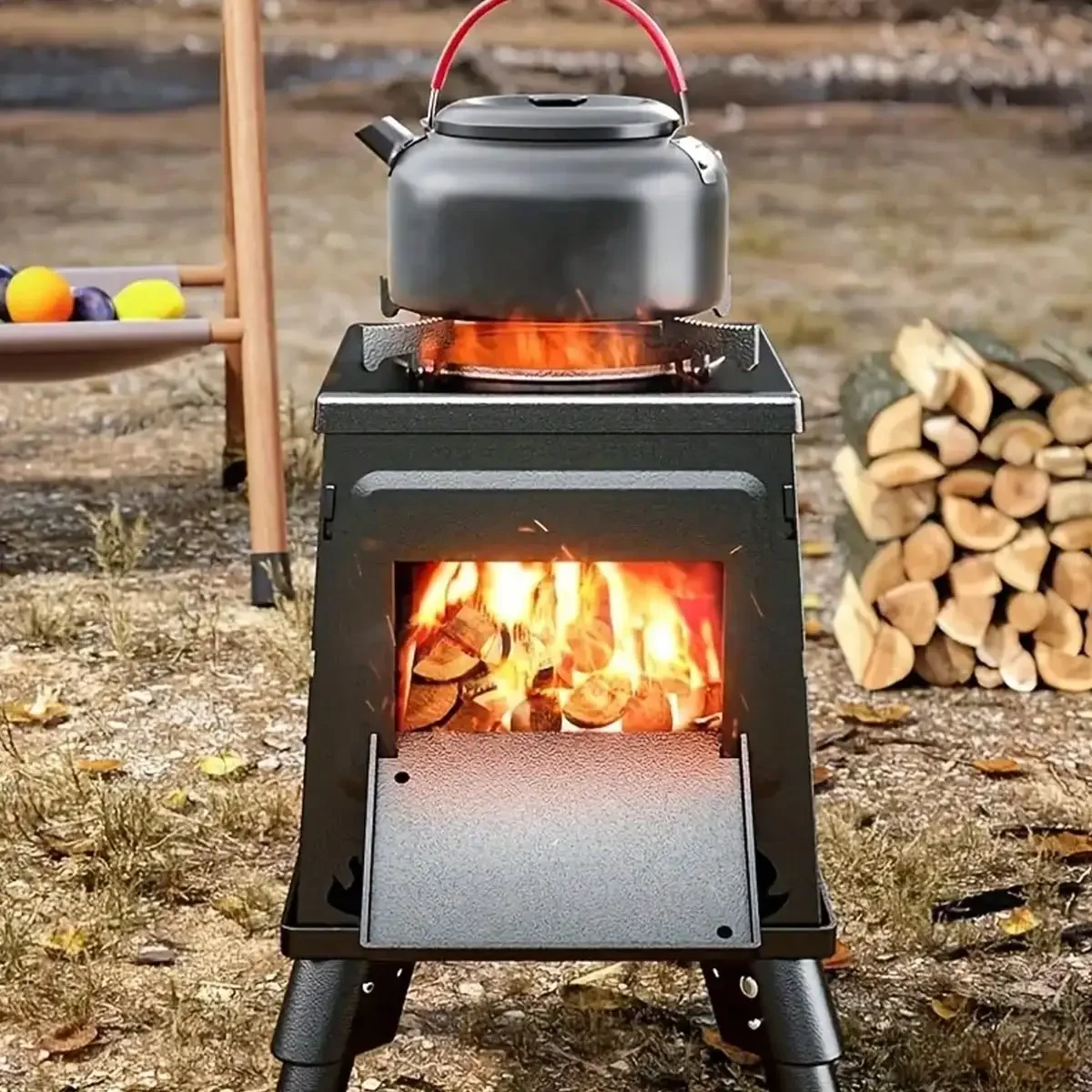 Wood Burning Camp Stove Portable Cast Iron Wood Stove For Outdoor Hiking Picnic BBQ Travel Black photo 6