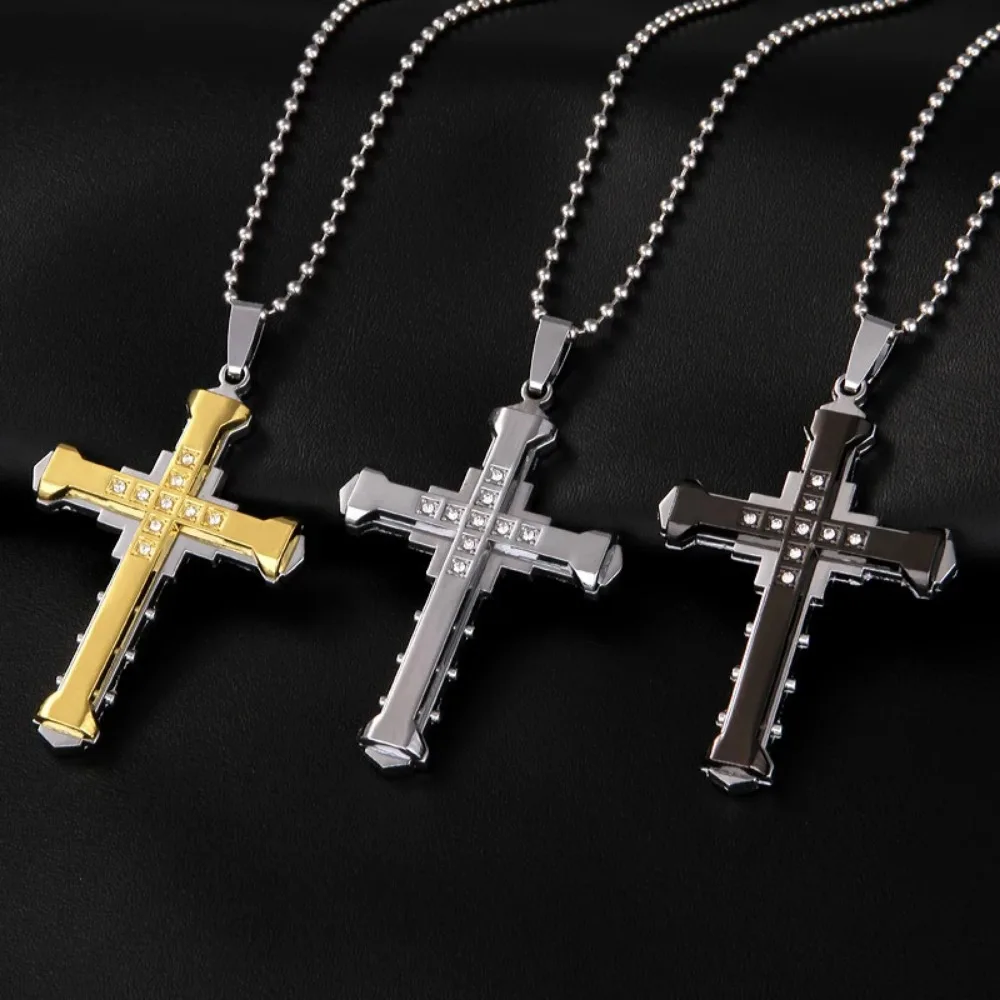 2024 New Male Crystal Cross Jesus Pendant Gold/Black/Blue Color Zirconia Cross Pendant Necklace Stainless Steel Jewelry photo 4