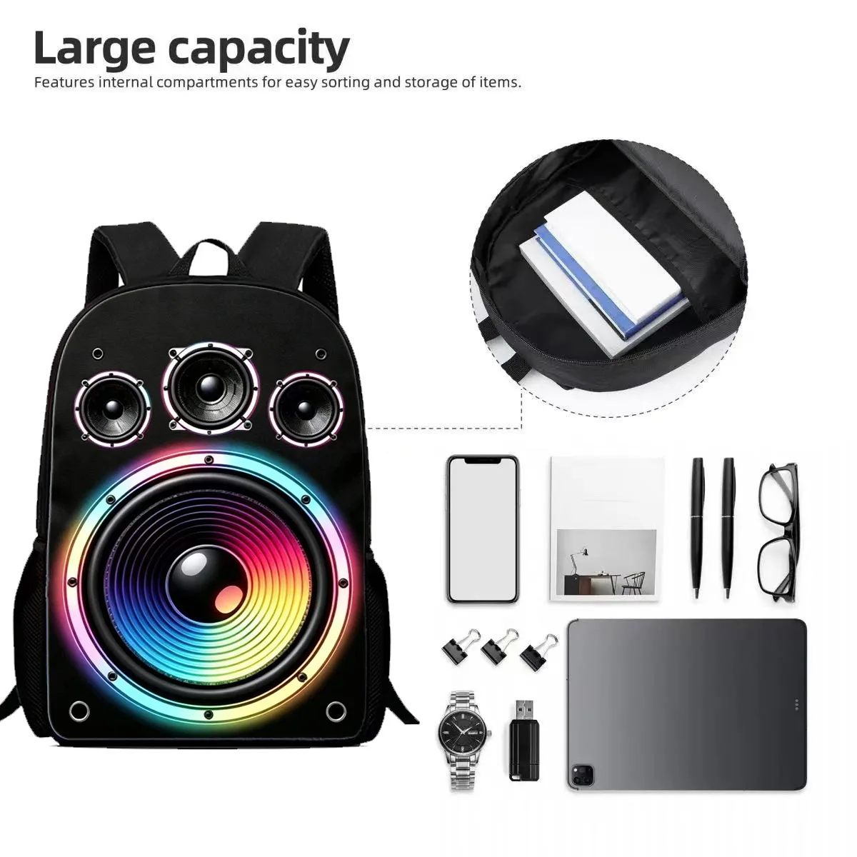 2D Visual Speaker Print Backpack Large Capacity Laptop Bag Trendy Music Theme Travel Student School Rucksack Daypack Book Bag photo 4