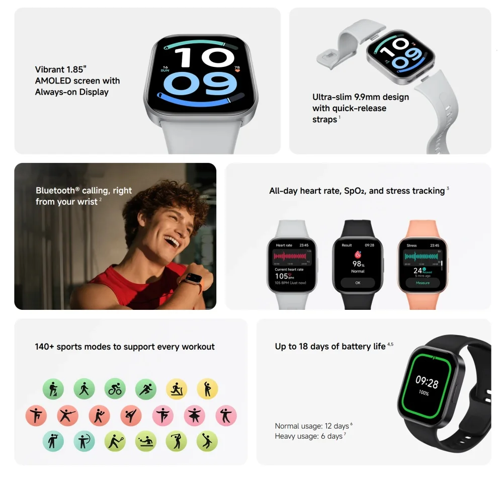 Global Version Xiaomi Redmi Watch 6 Active Smartwatch 1.85'' Display Up to 18 Days of Battery Life 140+ Workout Modes BT Calling photo 2