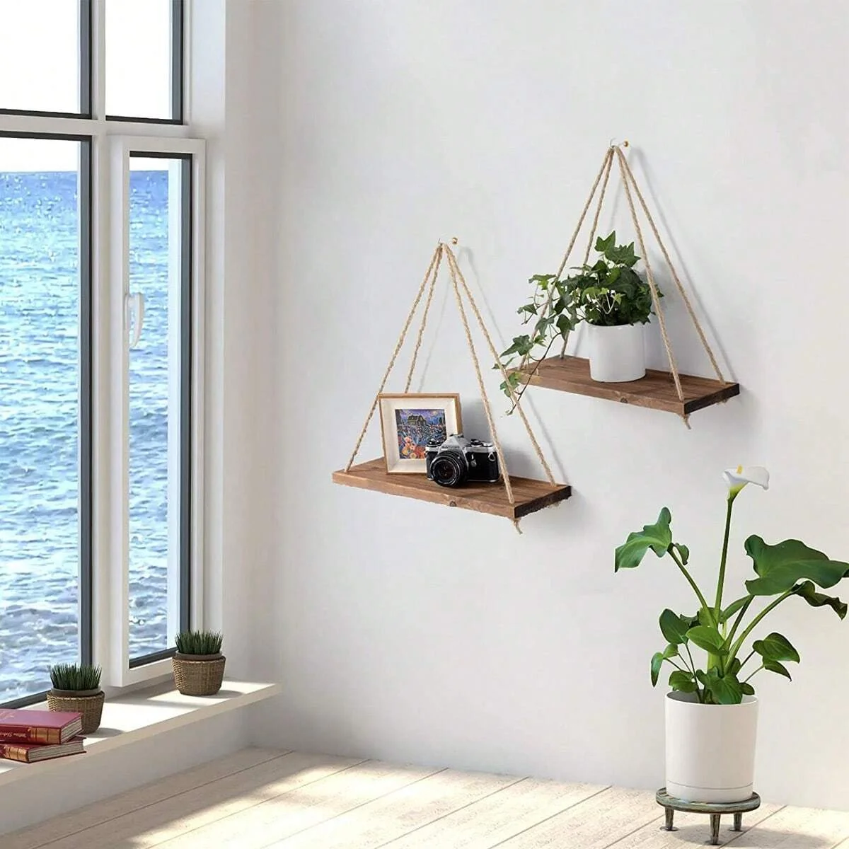 1PC Wooden Swing Hanging Hemp Rope Wall Shelve Mounted Floating Home Living Room Plant Flower Pot Tray Storage Garden Decoration photo 2
