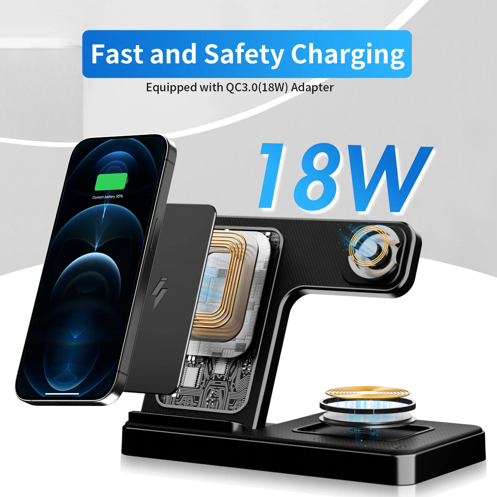 3 In 1 Wireless Charging Station Magnetic Fast Charging 18W Foldable For IPhone 16 15 14 13 12 Pro/Pro Max/Plus/Watch & Airpods photo 2