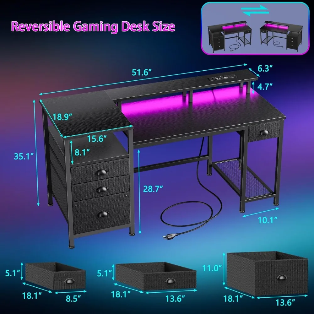 Gaming Desk 52 Inch with 4 Drawers, LED Lights, Power Outlet, Monitor Stand, Printer Space, Black photo 2