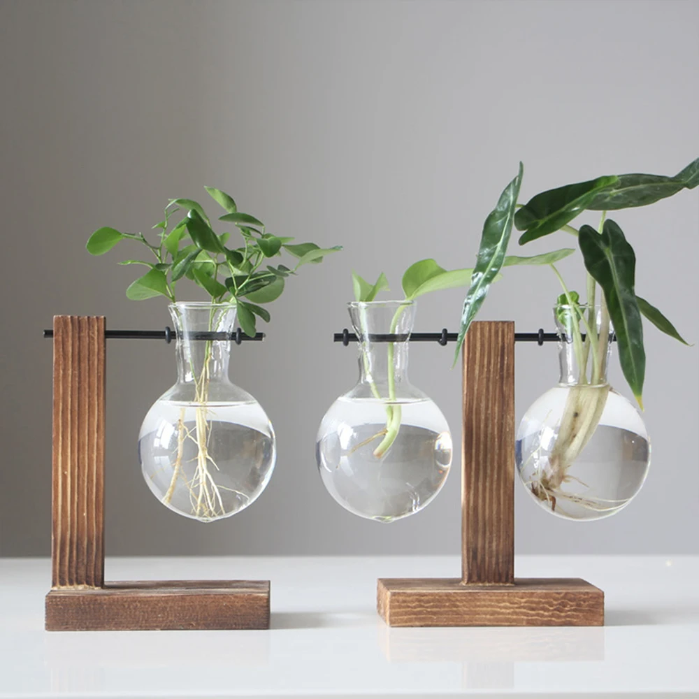 Creative Glass Desktop Planter Bulb Vase Wooden Stand Hydroponic Plant Container Home Tabletop Decor Vases photo 3