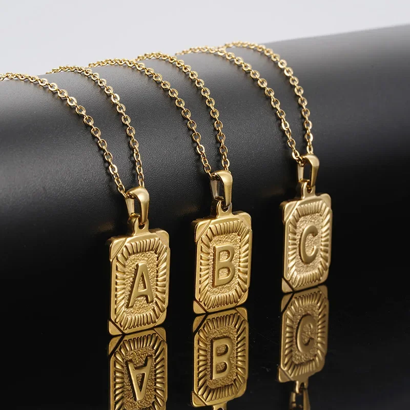 Initial Pendant Necklace for Women Simple Stainless Steel Cuba Link Charm Letter Square Necklace Men Jewelry Couple Gift photo 4