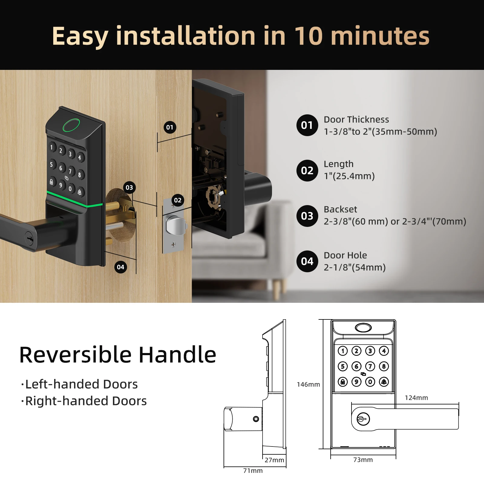 Viladepot Smart Lock Fingerprint Door Lock TYPE-C Interface App Control Passcode Unlock Electronic Touchscreen Keypad Handle photo 2