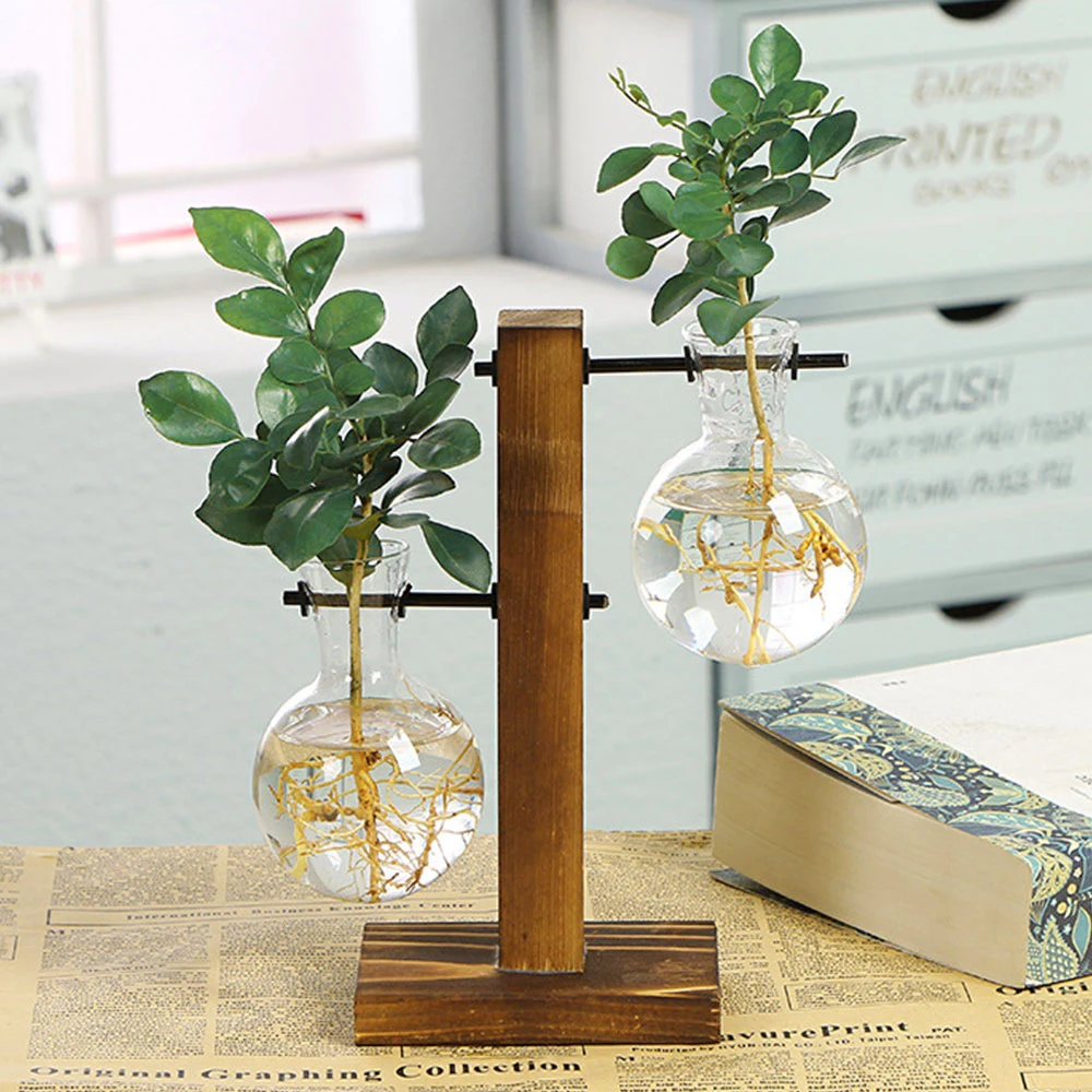 Creative Glass Desktop Planter Bulb Vase Wooden Stand Hydroponic Plant Container Home Tabletop Decor Vases photo 2