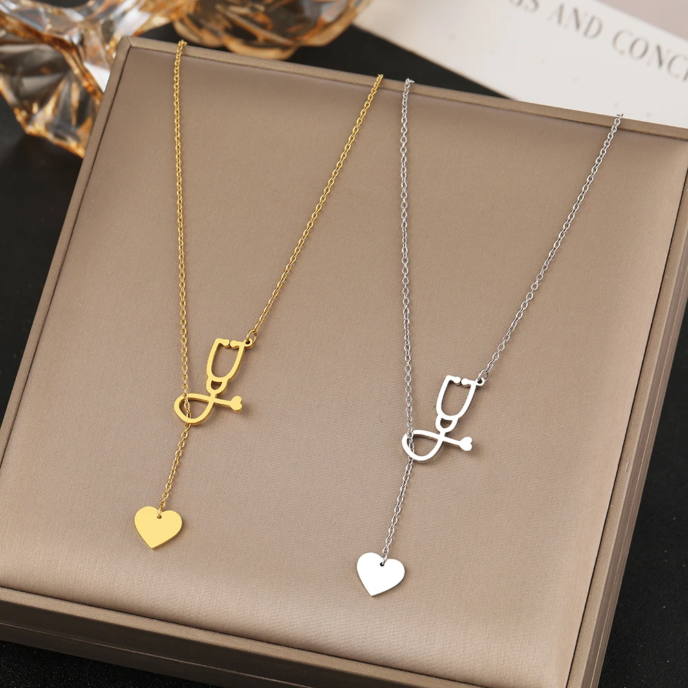 Stainless Steel Necklaces Layered Chain Stethoscope Heart Sweet Pendants Korean Fashion Choker Necklace For Women Jewelry Gifts photo 6