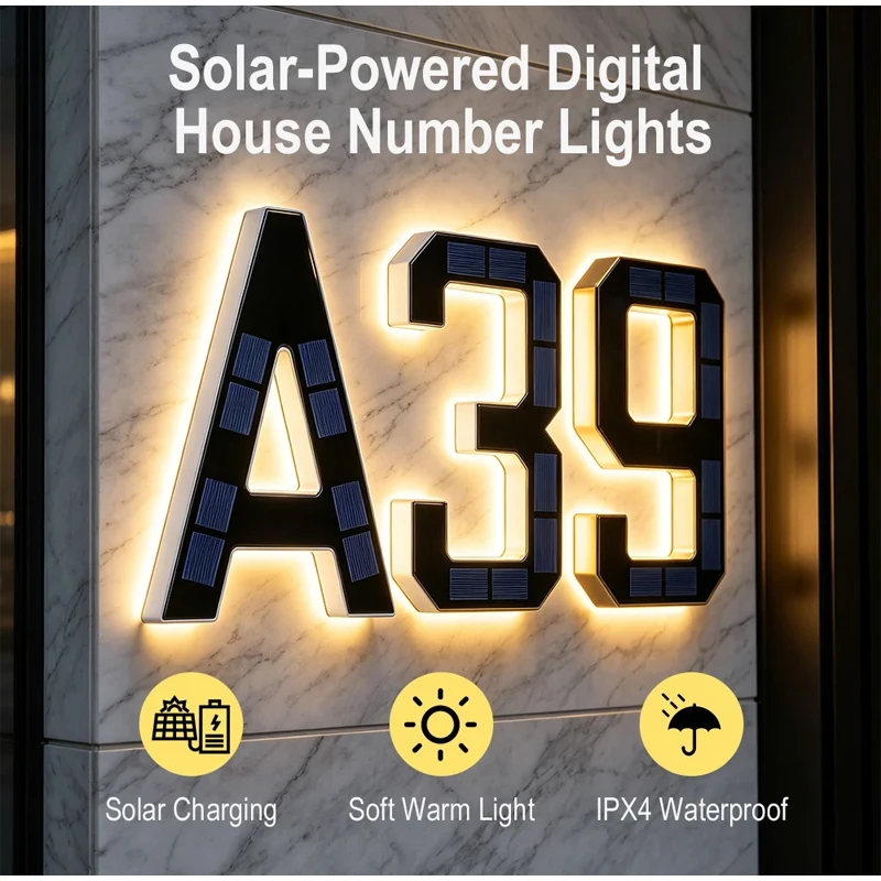Solar LED House Number Sign Waterproof Address Light Plate with Sensor for Outdoor Home Door Yard Wall Garden Decor photo 3