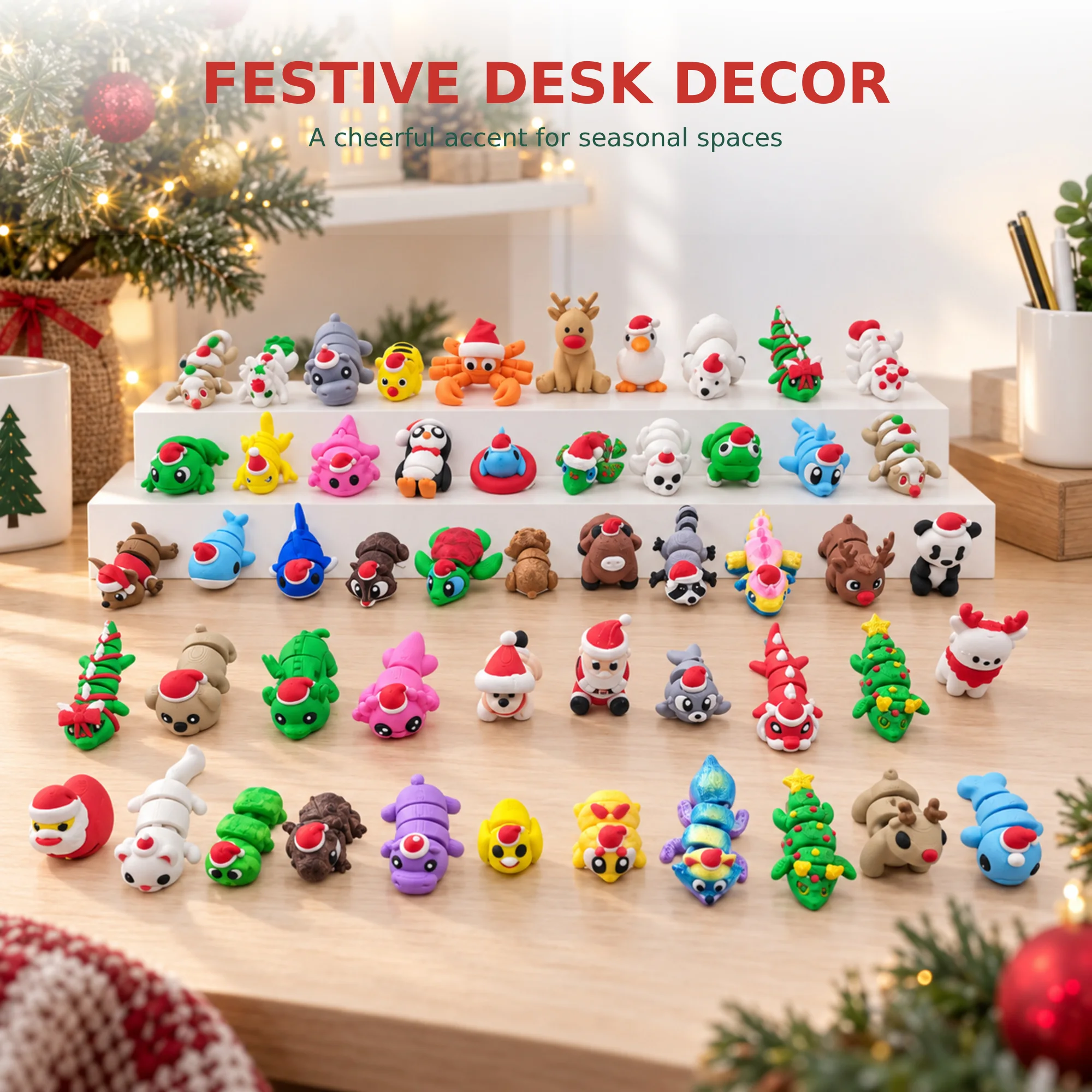 20/30/50Pcs 3D Printed Christmas Hat Animal Model Joint Movable Cartoon Figurine Ornament Sets Home Office Desktop Decoration photo 3