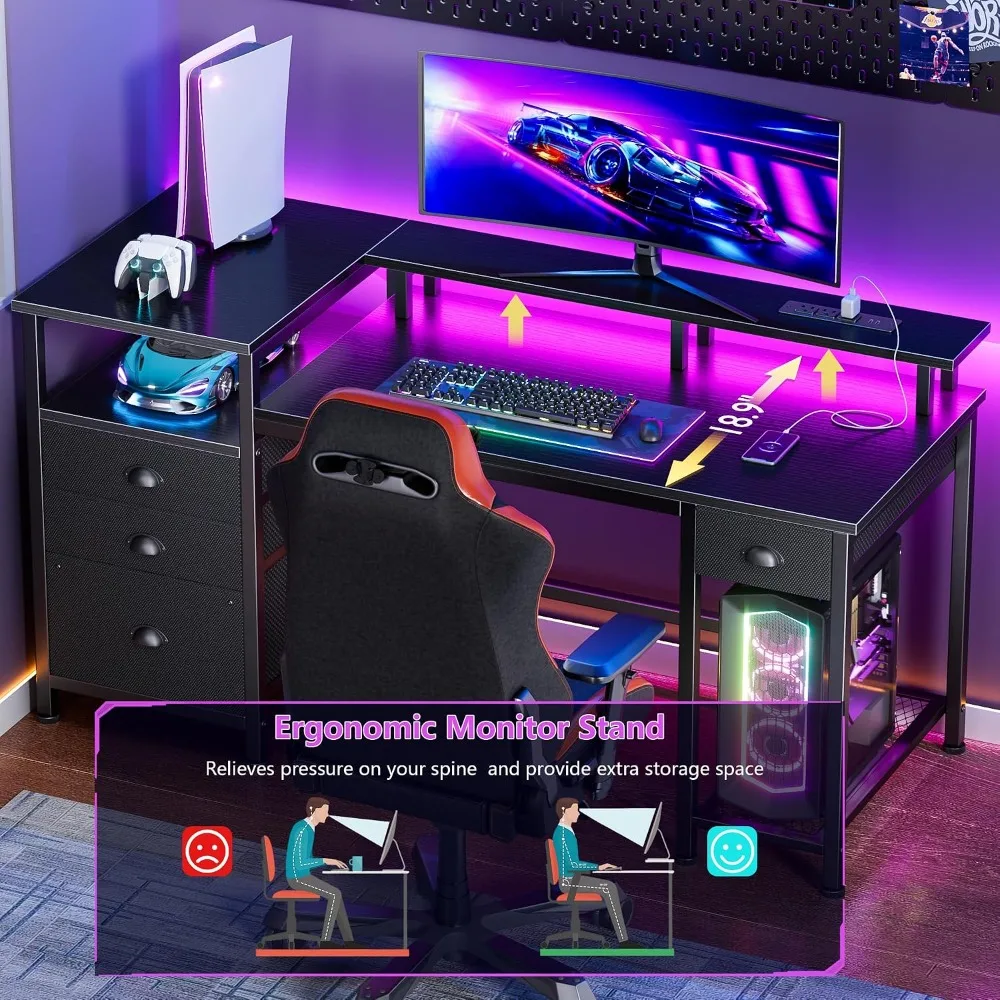 Gaming Desk 52 Inch with 4 Drawers, LED Lights, Power Outlet, Monitor Stand, Printer Space, Black photo 3