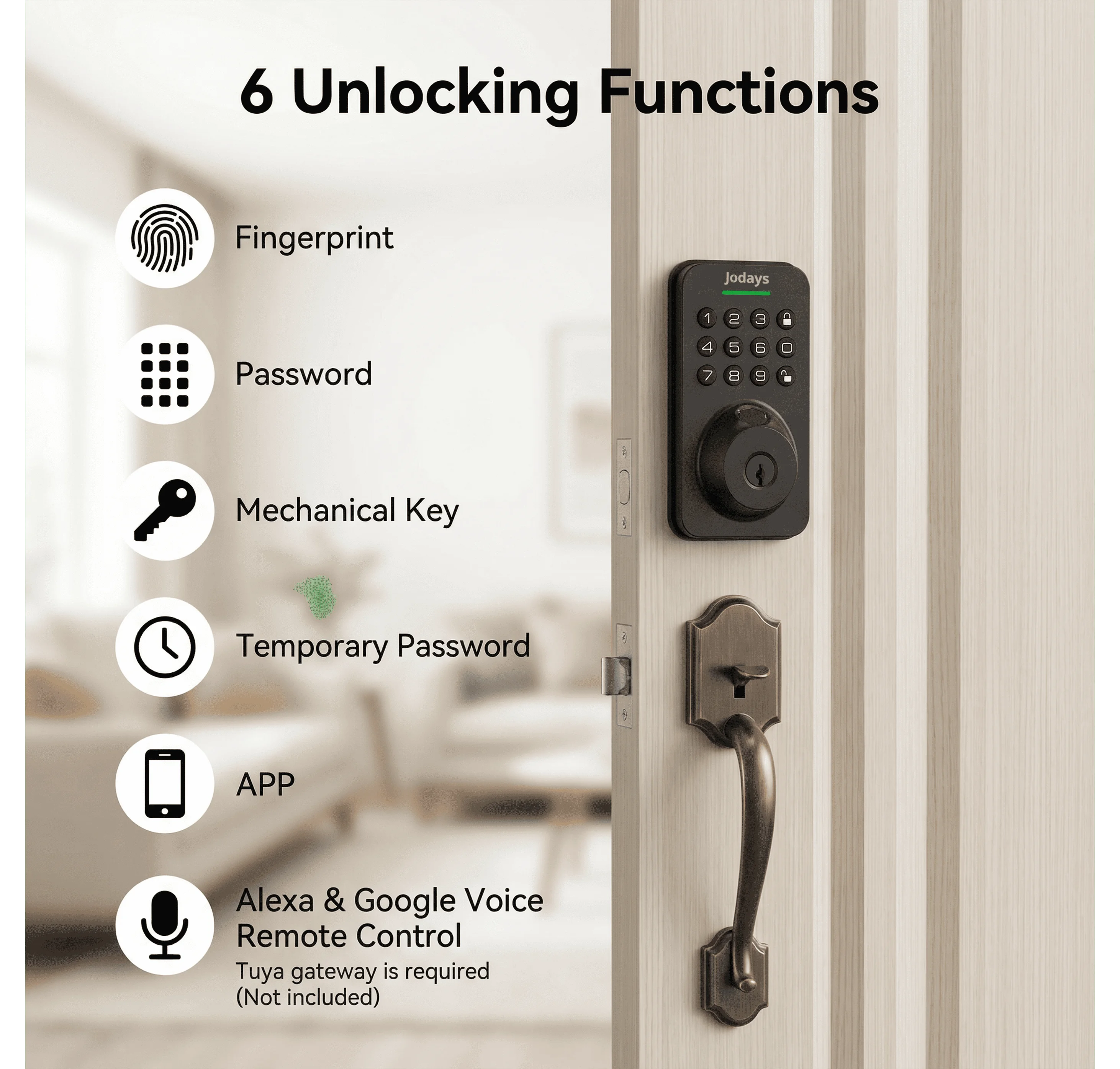 Jodays Smart Deadbolt Lock with Fingerprint & Keypad, Keyless Entry Door Lock with App Control, Temporary and One-Time Password, Auto Lock & Anti-Peep Passcode, Powered by 4pcs AA Alkaline Batteries (No Included), Easy Installation for Front Door photo 2