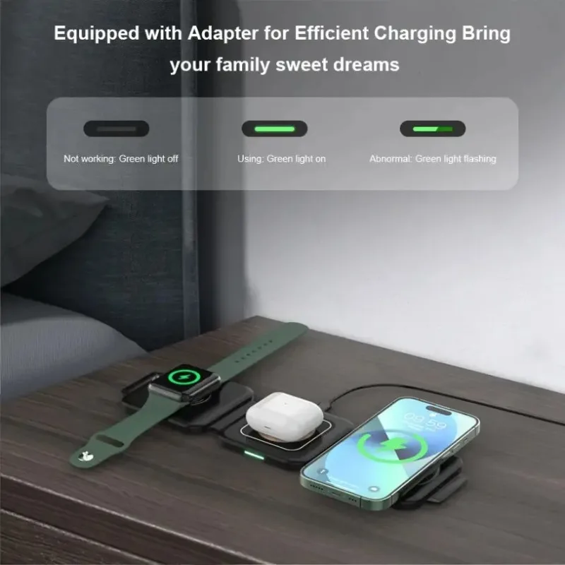 3-in-1 Folding Magnetic Wireless Charger Phone Stand Auto-alignment for iPhone 16 15 14 13 iWatch Airpods Fast Charging Station photo 1