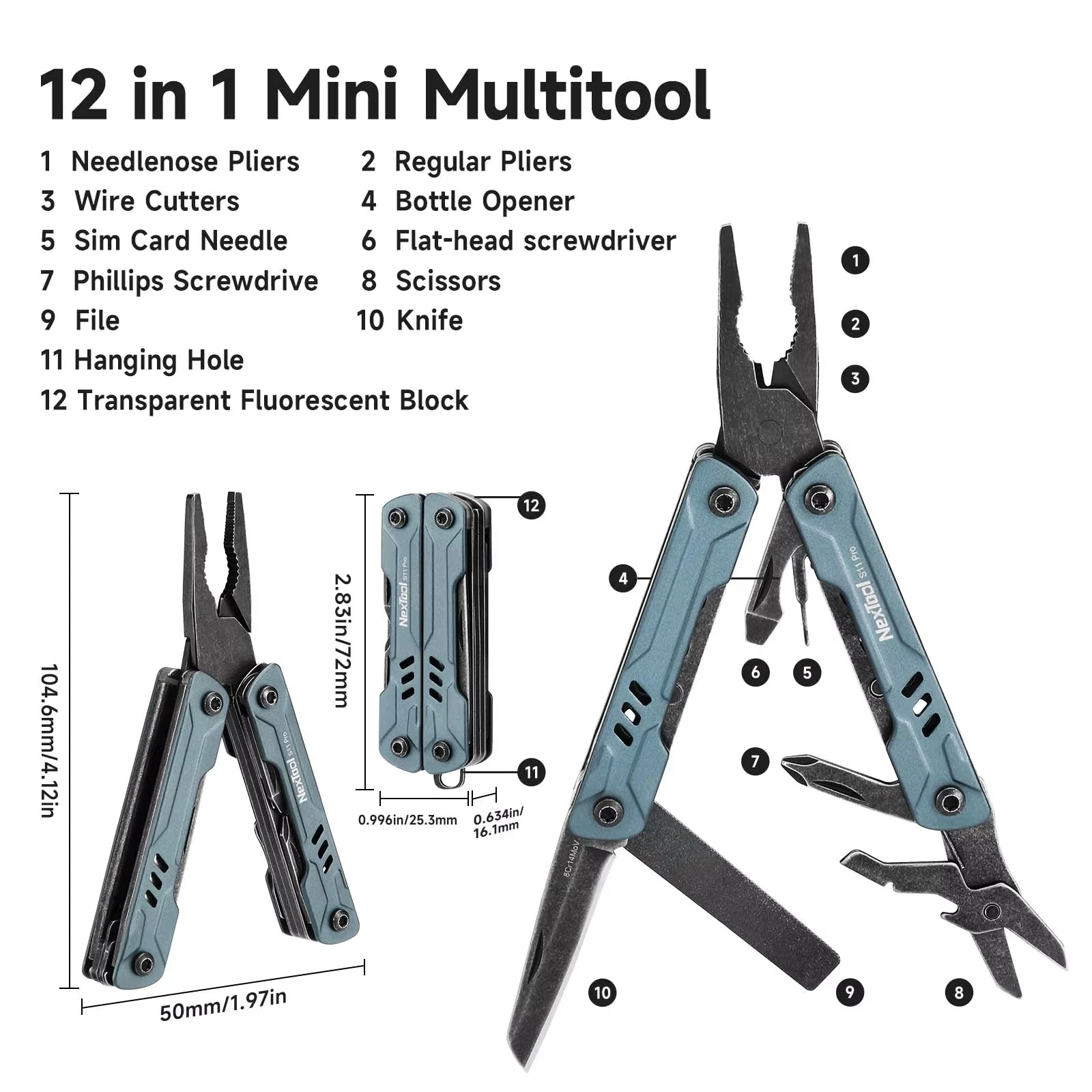 NexTool Mini Sailor Pliers S11 Pro 12-In-1 Multi Tool Pocket Knife Folding Tools Wire Cutters EDC Card Pin Screwdriver Scissors photo 2