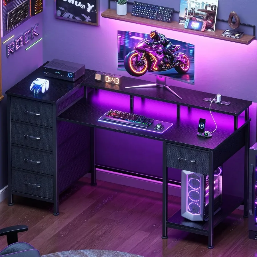 Gaming Computer Desk with Power Outlets, LED, 5 Drawers photo 3