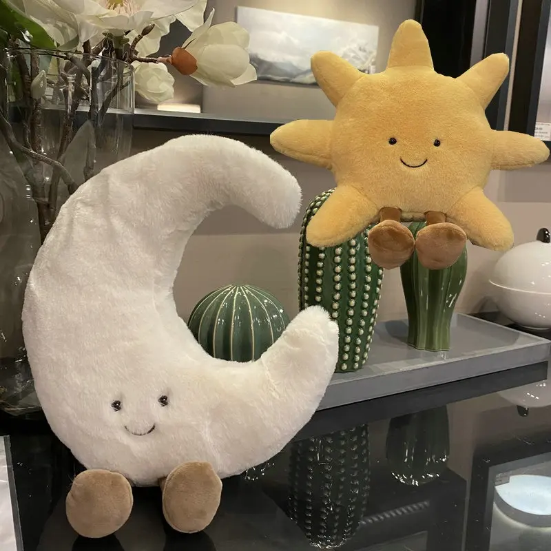 Adorable Smile Face White Moon Yellow Sun Plushie Stuffed Cute Cartoon Weather Plush Toy for Kid Bedroom Decor Sofa Throw Pillow photo 3