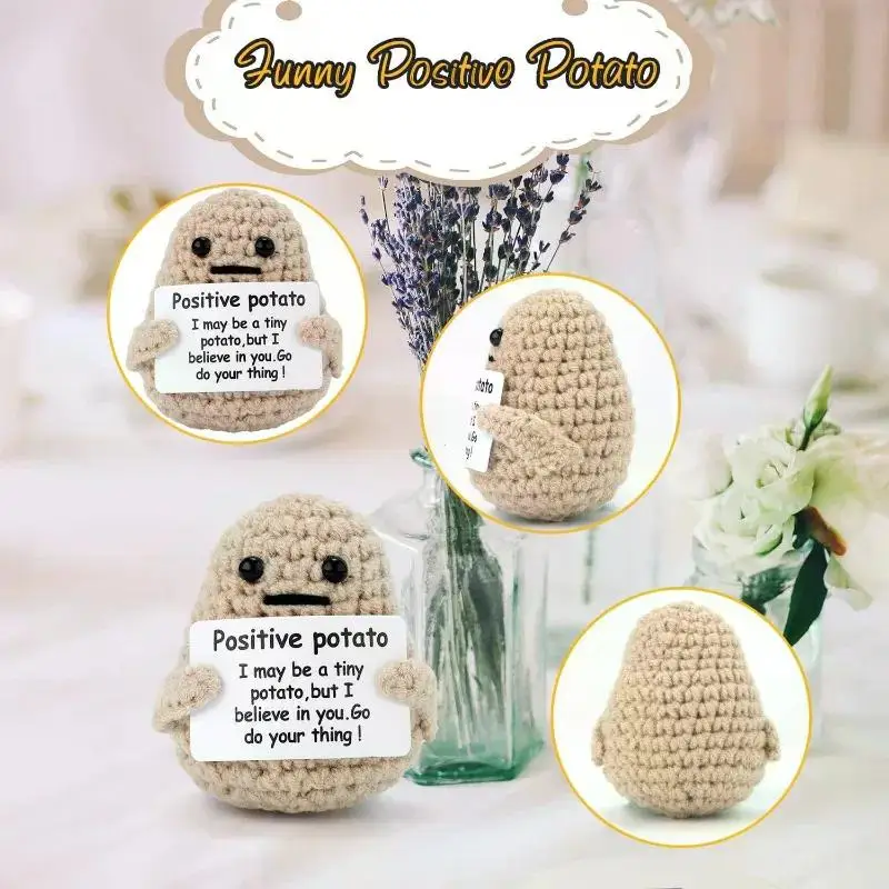 New Positive Energy Potato Hug Pocket Mini Handmade Plush Wool Knitting Doll with Card Funny Christams Gift Home Room Decoration photo 5