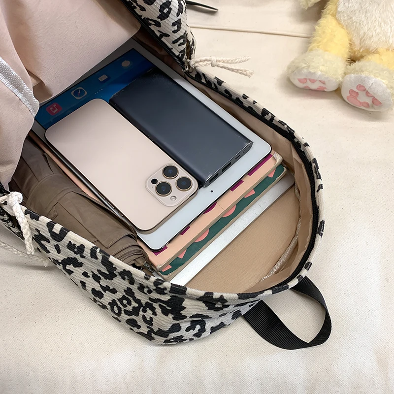 Leopard Print Pattern Backpack Corduroy Teenagers School Bag Large Capacity Casual Laptop Backpack Travel Bookbag Backpack photo 5