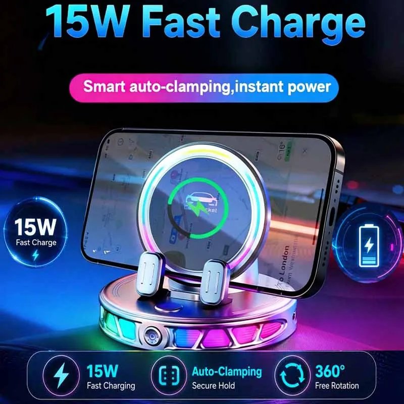 Auto Clamping Car Mobile Cell Phone Holder Support For Mobile Wireless Charger For Car Dashboard Mount With RGB Light photo 2