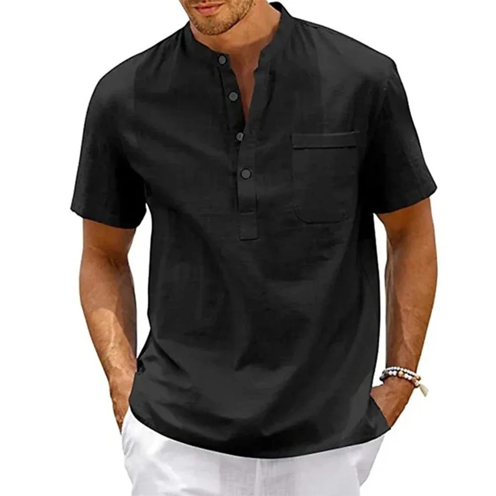 Cotton Linen Shirt Men Henley Neck Pocket Casual Beach Short Sleeve Solid Color Male Tops T-shirts Vintage Streetwear photo 2