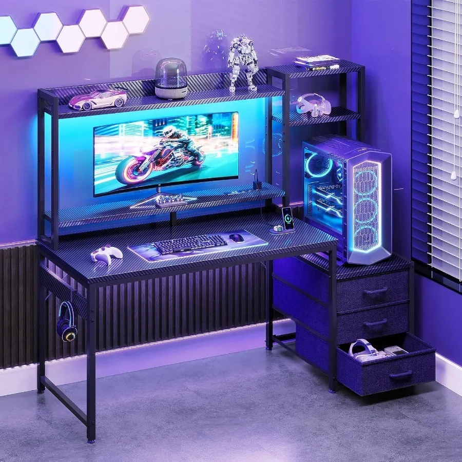 Gaming Desk with Shelves and 3 Drawers and LED Light and Hutch photo 2