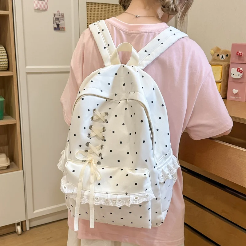 Preppy Polka Dot Backpack for Teen Girls Lace Bowknot Nylon School Bag Aesthetic College Student Bookbag Fits iPad Laptop photo 3