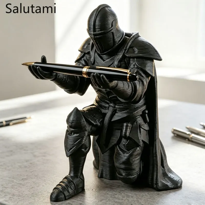 Pen Holder 3D Printed Medieval Knight Black Silver Warrior Statue Desk Organizer Creative Office Desktop Decor Stationery Gift photo 3