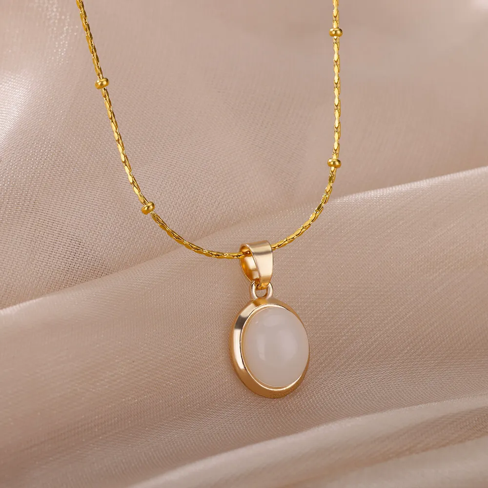Fashion Stone Opal Oval Necklace for Women Stainless Steel Gold Color Oval Stone Pendant Necklace Wedding Aesthetic Jewelry Gift photo 4