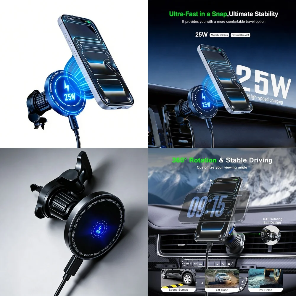 Magnetic Vent Car Wireless Charger 25W 360 Rotating Fast Charge Low Temperature Holder for iPhone 17 16 15 Samsung S26 S25 Ultra photo 1