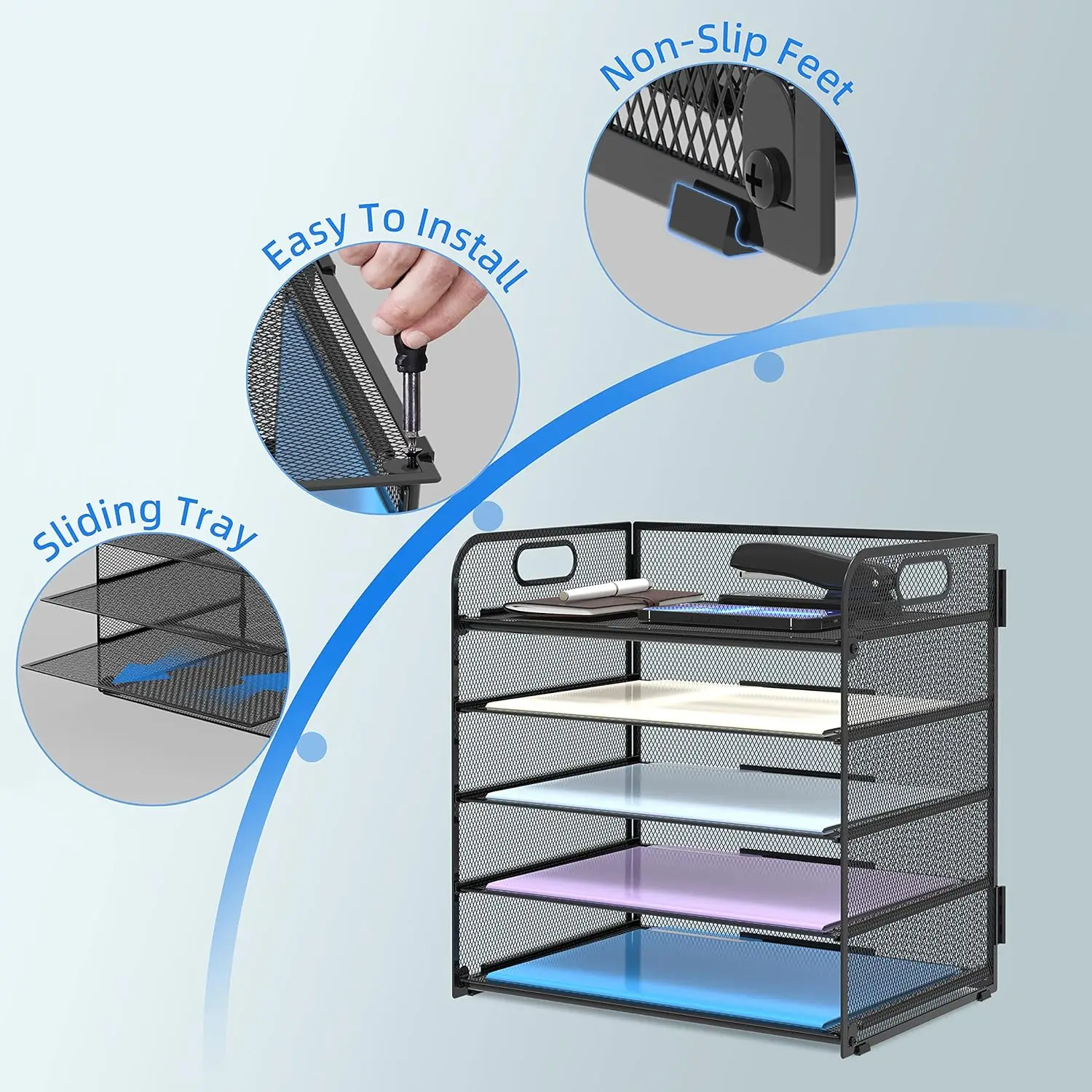5 Trays Paper Organizer With Handle - Mesh Desk File/Letter Organizer, Black Paper Sorter For Office, Home Or School photo 6