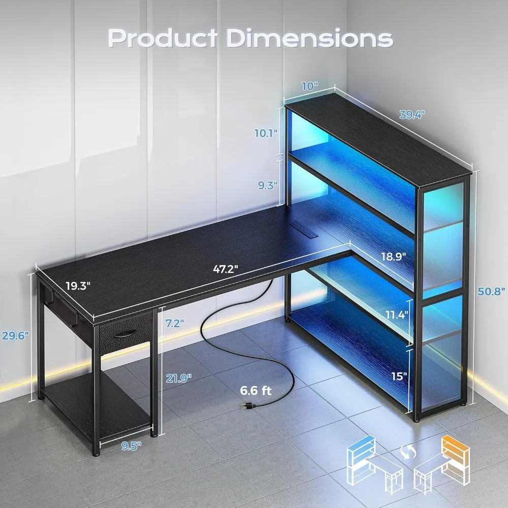 57 Inch L Shaped Gaming Desk with Cabinet, Outlets, LED, Drawer, Shelf, Black photo 2
