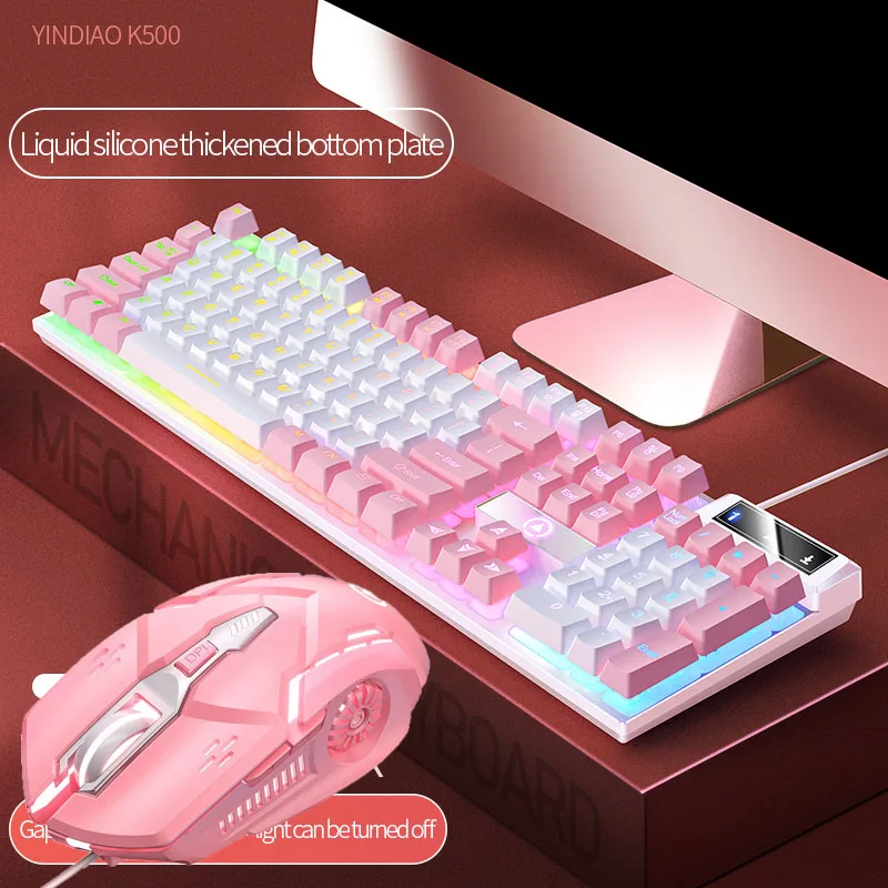 Pink Keyboard and Mouse Set 2 in 1 Combos Wired 104 Keys Pink Keyboard with LED Backlit and 1600DPI Mouse with RGB Backlit photo 2