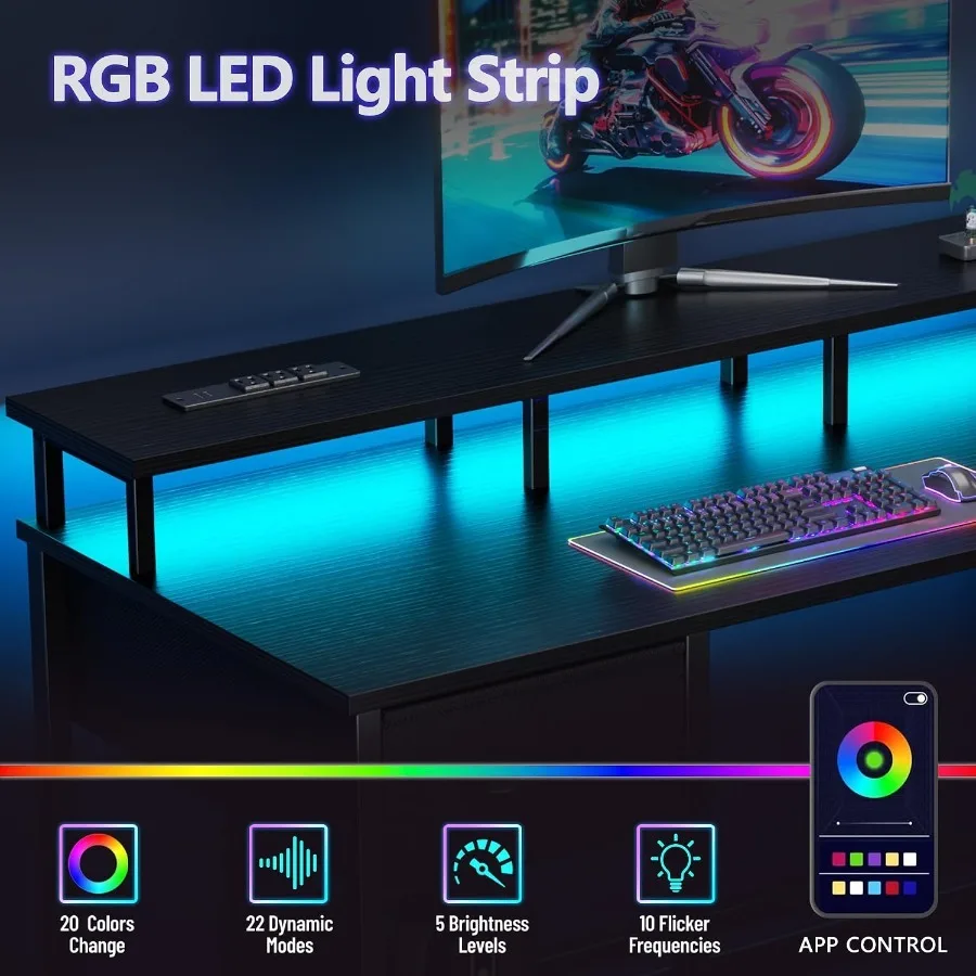 Gaming Computer Desk with Power Outlets, LED, 5 Drawers photo 4