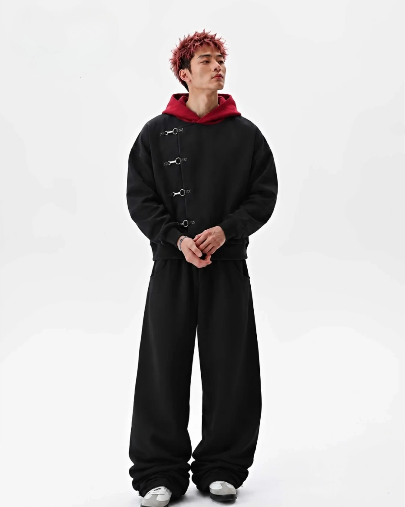Y2K Red Itadori Hoodie Oversized Black Red Spliced Metal Button Casual Sweatshirt Trendy and Simple Men Women Streetwear Jacket photo 5