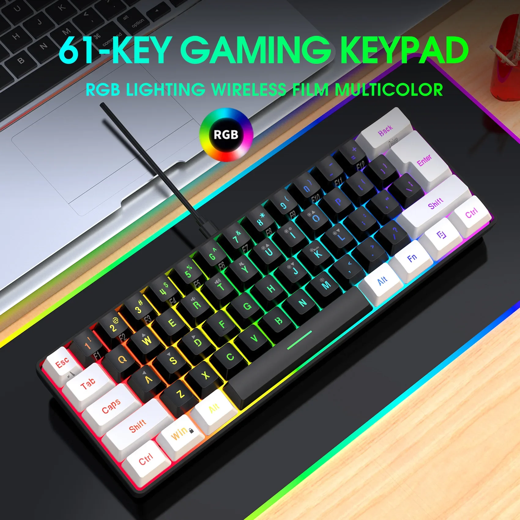 Keyboard and mouse 60%RGB gaming pc usb combo backlit keyboards kit mini gamer wired key board and mouse set computer whiteblack photo 2