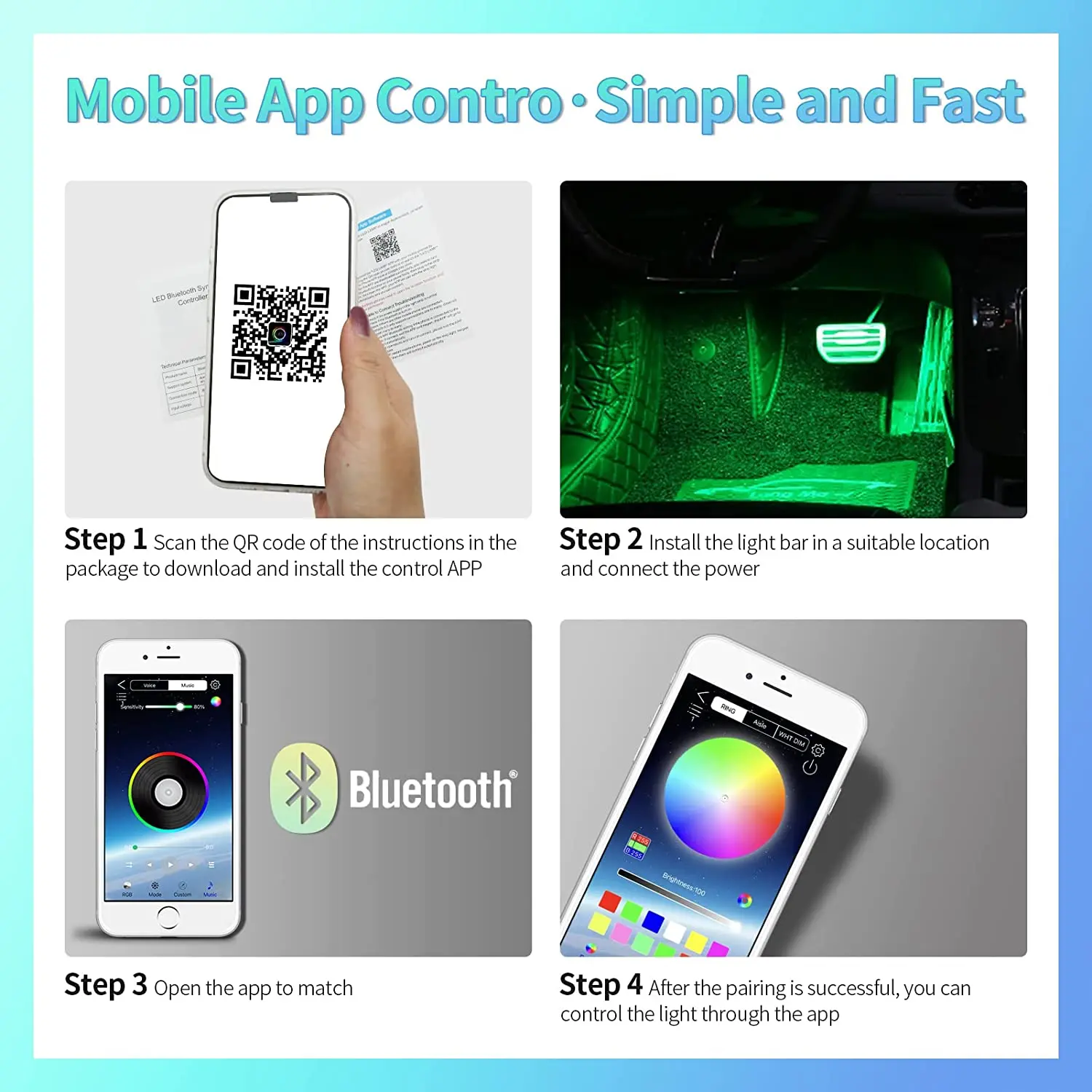 Neon LED Car Interior Ambient Foot Strip Light Kit Accessories Backlight Remote App Music Control Auto RGB Decorative Lamps photo 4