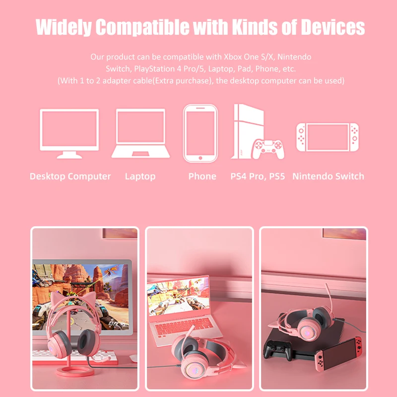 Cute Cat Ear Gaming Headphones with Mic Noise Reduced RGB Pink Girls Headset Gamer Accessories for PS4 Xbox Phone PC Kid Gift photo 6