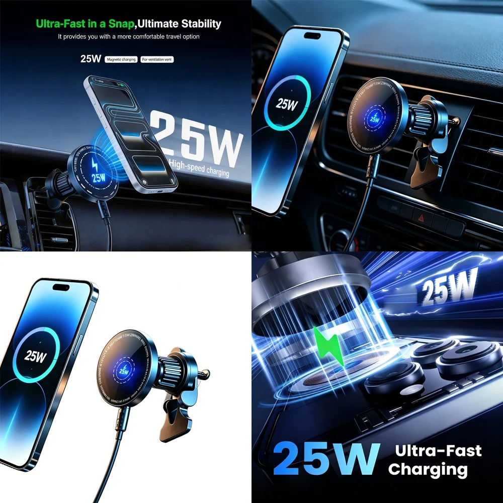 25W Super Fast Magnetic Wireless Car Charger Air Vent Phone Holder  Anti-Shake Stand for iPhone 17 16 15 14 13 12 Pro Max Plus photo 1