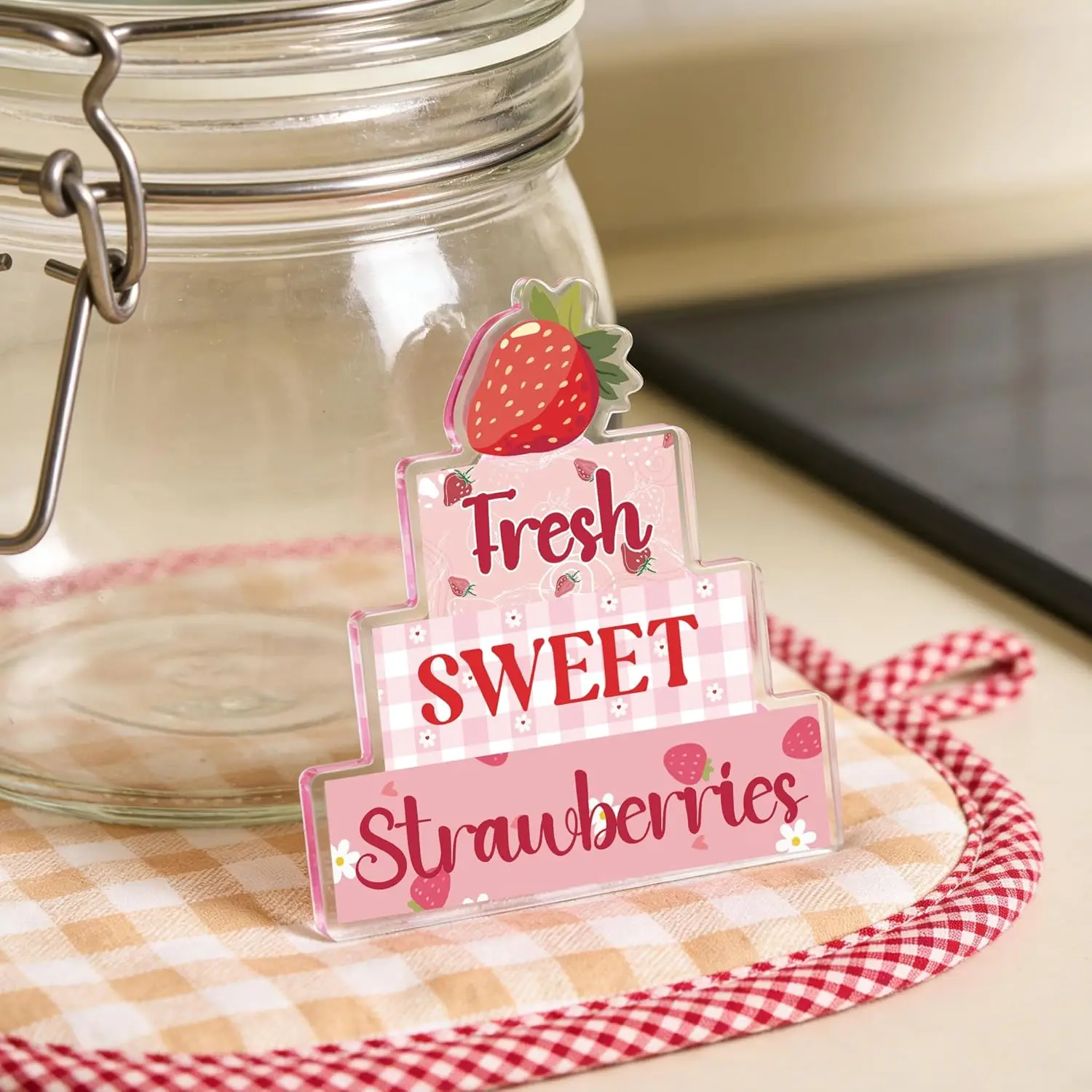 Acrylic Strawberry Decor Plaque Desk Decoration Sign Summer Gifts Decor For Kitchen Bathroom Farmhouse Table Home Office Fake photo 3