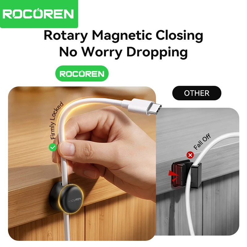 Rocoren 360° Rotating Magnetic Cable Management Self Adhesive Wire Cord Organizer Cable Clips Adjustable Wire Holder Under Desk photo 3